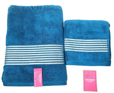 NEW JUICY COUTURE 2 PC SET STEEL BLUE,WITH SILVER STRIPES COTTON BATH,HAND TOWEL