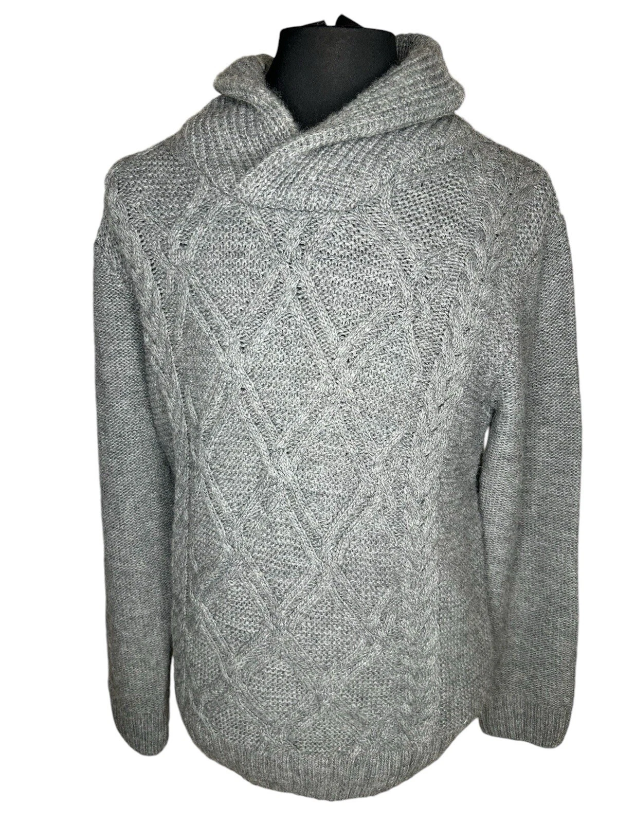 Immagini Mens Chunky Sweater Grey Large Fisherman Knit Shawl Collar Wool Italy