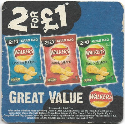Walkers 2 für 1£ günstiger Werbe-Bierdeckel