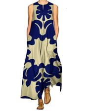 Women's Woven Sleeveless Abstract Floral Print A-Line Maxi Dress w Pockets Sz L