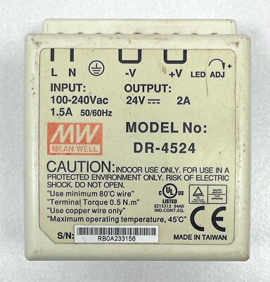 MEANWELL DR-4524 2A 48W 1.5'' Industrial Power Supply Input 240VDC Output 24VDC 