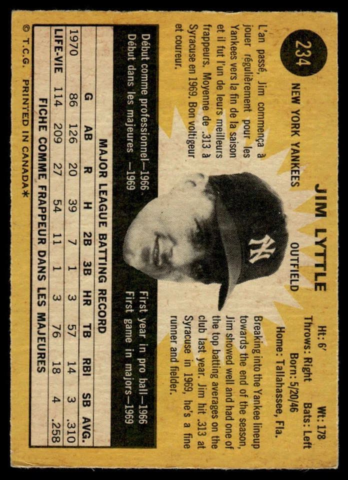 1971 O-Pee-Chee Jim Lyttle New York Yankees #234 R206 - Image 2 of 2