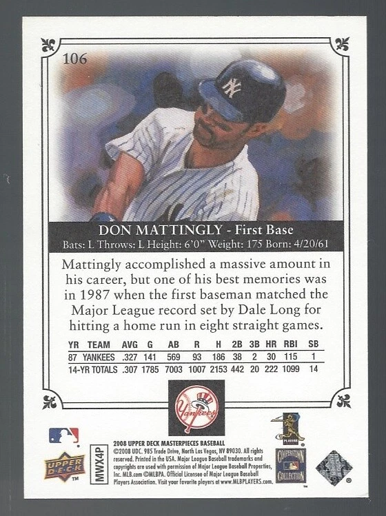 Don Mattingly 2008 UD Masterpieces SP Card# 106 - Image 2 of 4