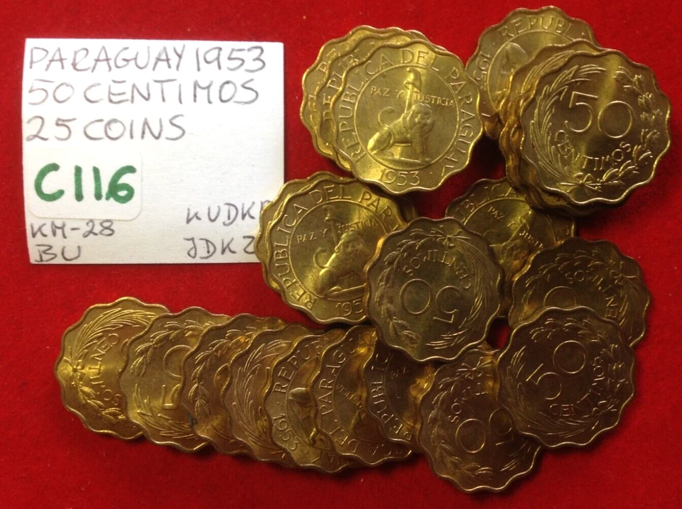 C116 Paraguay  25 Coins from Mint Bag - 50 Centimos 1953  KM#28  BU - Image 2 of 2