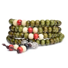 Stretch Wrap Mala Bracelet 108 6mm Bead Beautiful Green Wood Prayer Buddha Dorje