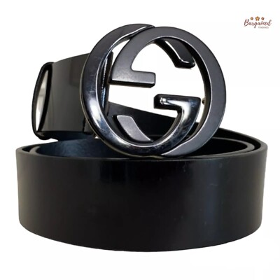 Authentic Gucci Black Leather Belt with Gold Interlocking G Buckle Men main image 2