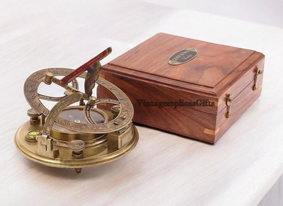 #ad 5quot; Brass Sundial Compass with Wooden Box Nautical Vintage Collectible Gift $55.89