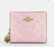 Coach NWT Pink Snap Wallet In Signature Canvas With Flower Charm /Gold Hardware