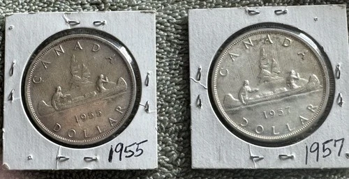 1955 & 1957 Canada 80% Silver Dollar Uncirculated AU BU. Lot of (2)coins.