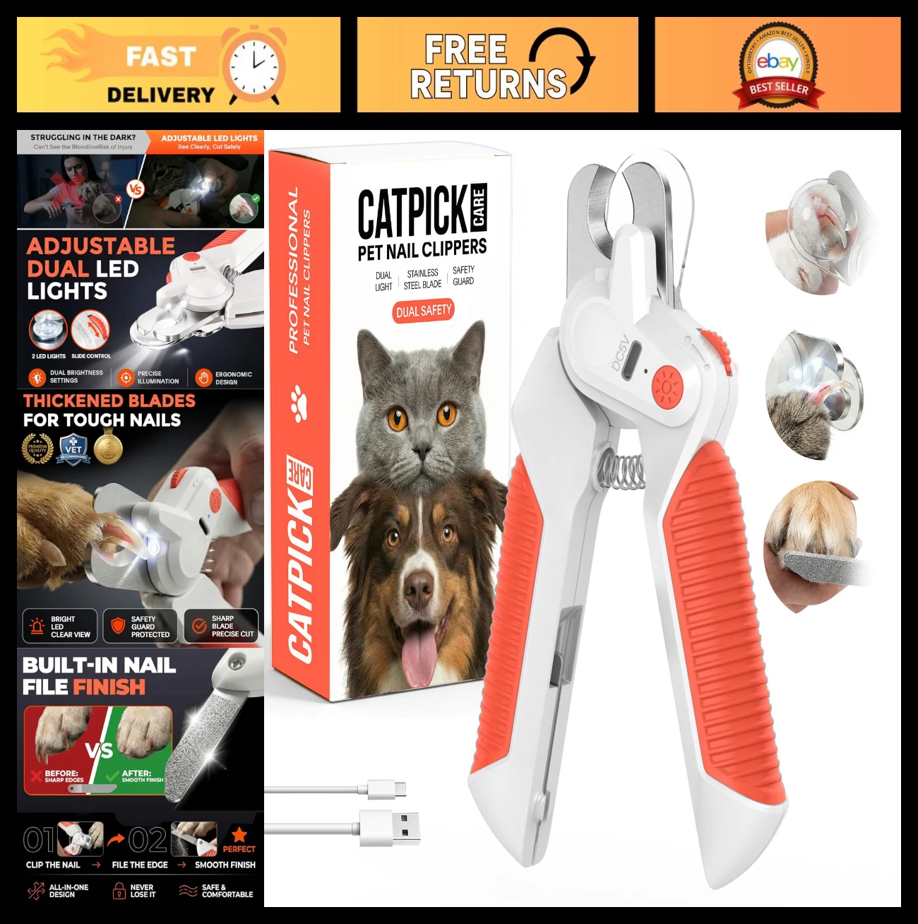 Pet Nail Clippers with LED Light – Safety Guard Trimmer for Dogs & Cats, Stainle