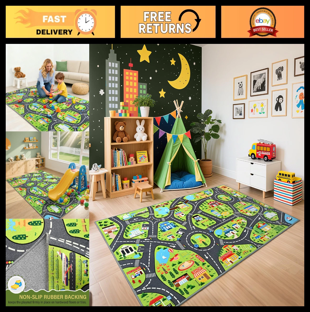 Kids Car Play Rug 36"x60" City Road Map Mat, Non-Slip, Machine Washable, Fun for