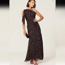 Shoshanna Vivine Tossed Rose Black Pink Floral One Shoulder Formal Gown Size 16