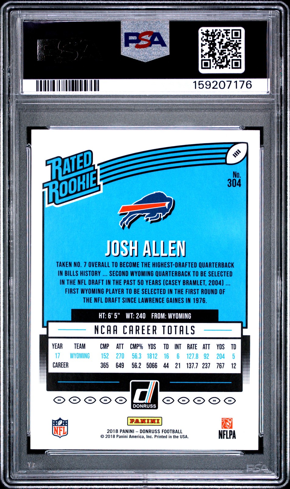 159207176 Josh Allen 2018 Panini Donruss #304 Rookie RC PSA 10 view 2