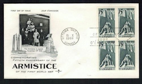Canada #486, 1968  15¢ Armistice block of 4, Rosecraft FDC VF