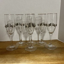 Set Of 6 Rawcliffe Wedding Toasting Champagne Flutes With Pewter Doves And Gold 