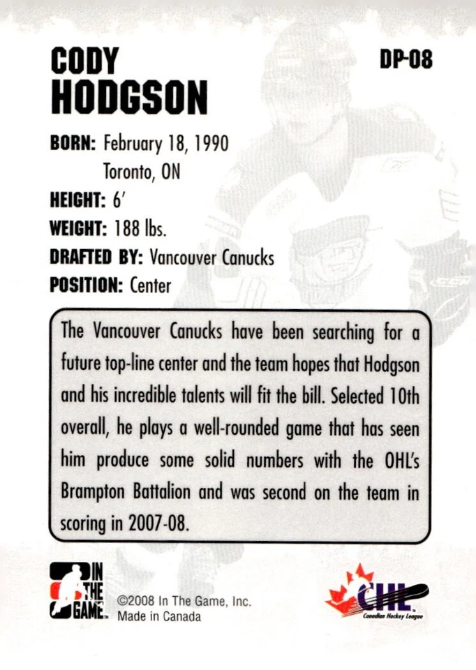 Cody Hodgson - Signed 2008 In The Game Draft Picks Card #DP-08 - Image 2 of 2