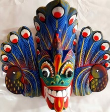 Wooden Peacock Mask Hand Carved Traditional Wall Art Decor Sri Lankan