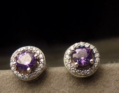 VTG JCM STERLING SILVER AMETHYST STONE CLEAR CZ HALO POST PIERCE EARRINGS