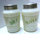 Vtg Hazel Atlas Beehive Milk Glass Green Lettering Salt & Pepper Shakers