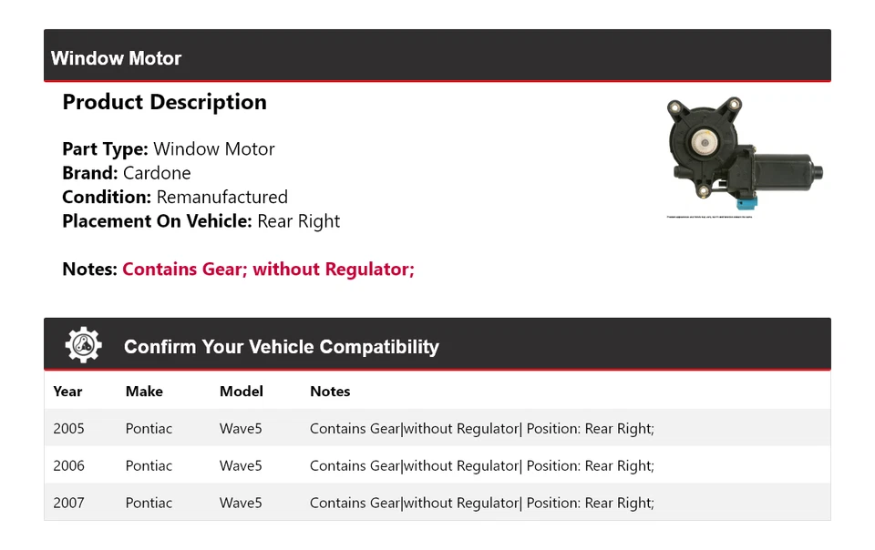 Para Pontiac Wave5 2005-2007 Ventana Motor Trasero Derecho Cardone 2006 Foto 2 de 4