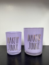 Rae Dunn MAKEUP BRUSHES Purple Glass Containers with Gold Wording Set of 2
