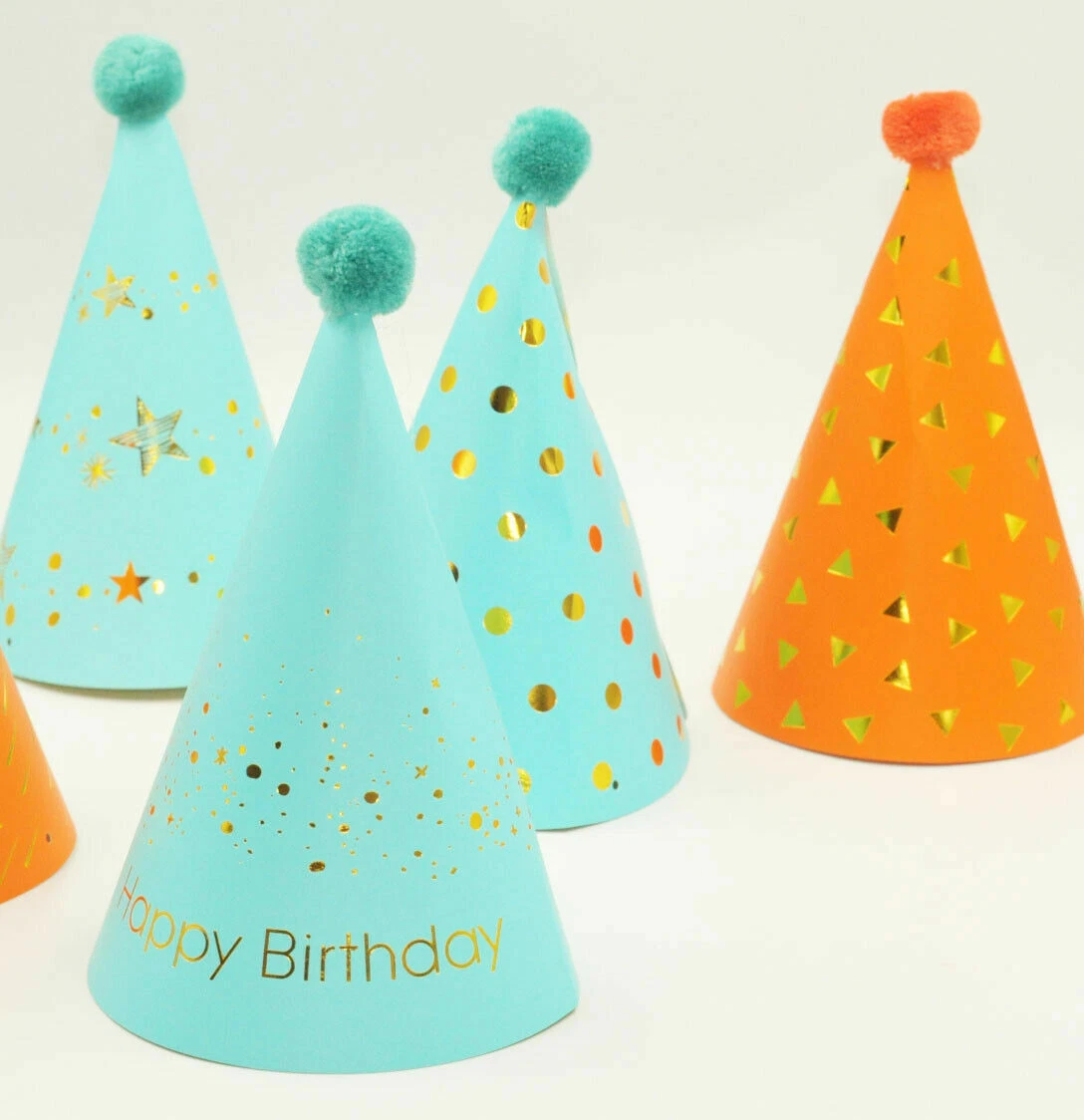 10x Blue Orange Gold Happy Birthday Party Hat Paper Card Cone Hats Dress Up
