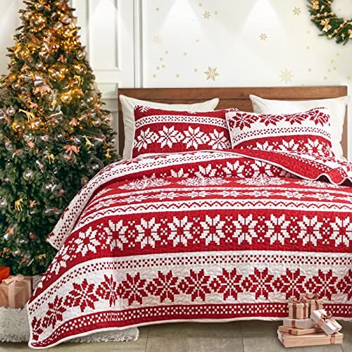 Christmas Quilt Set with Red and White King Size King(102"x88
