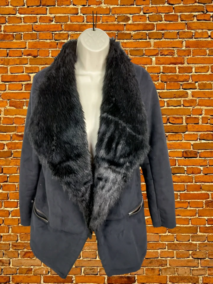 ЖЕНСКИЙ СКЛАД РАЗМЕР UK 8 ЧЕРНЫЙ ИСКУССТВЕННЫЙ МЕХ ОТДЕЛКА ИСКУССТВЕННОЙ ОВЧИНЫ ОТКРЫТЫЙ КУРТКА ПАЛЬТО - Изображение 2 из 4