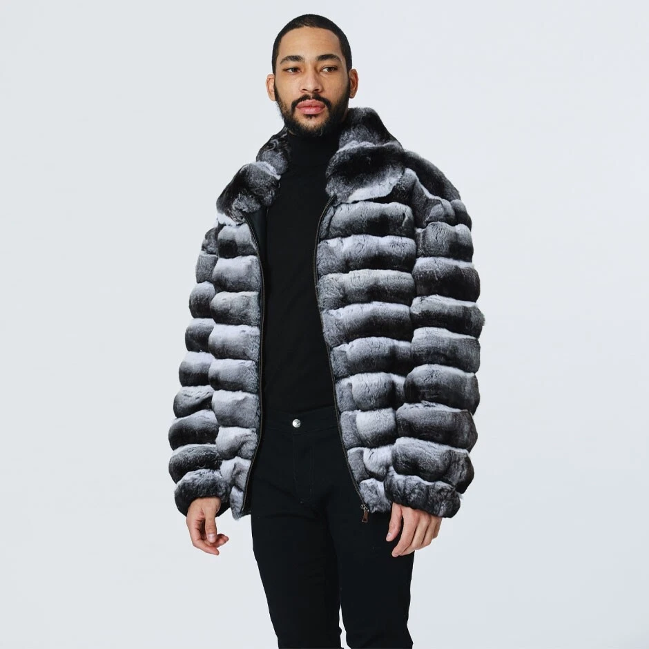 Men Real Rex Rabbit Fur Coat Lapel Jacket Winter Natural Chinchilla Thick Outwer - Image 2 of 4