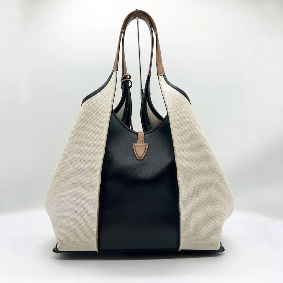 Tod’s T Timeless Shoulder Bag Off-White Black Canvas Leather Authentic Used 1023 - Image 2 of 4
