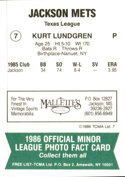 1986 Jackson Mets TCMA #7 Kurt Lundgren Nanuet New York NY - NM Baseball Card - Image 2 of 2
