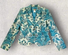 VTG 90s Kenar Teal Blue Paisley Jacquard Blazer Jacket Sz 10 Timeless BOHO Chic