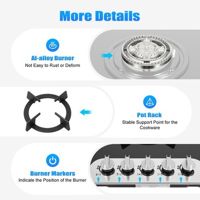 35''Gas Cooktop Stove Top 5 Burners Tempered Glass Built-In LPG/NG Gas Hob Cooker