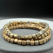 Gold Tone Cube Bead Stretch Bracelet Set 3 Pcs Stackable Chunky Boho Mixed Metal