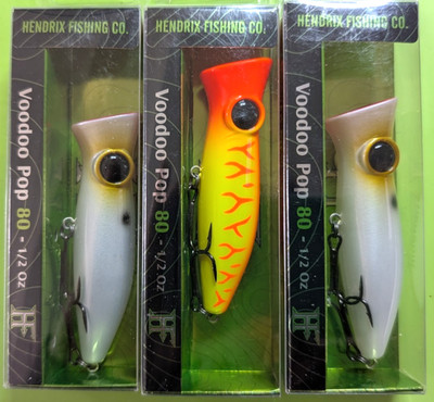 3 Hendrix Voodoo Pop 80 Lures, 1/2oz, 3'', 2 Pearl & 1 Sunrise - Lot#382