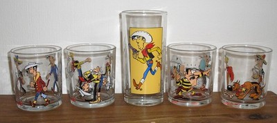 5 Gläser Lucky Luke (4x Nutella 1998, 1x Agfa Film 1997) Daltons RAR! Glas