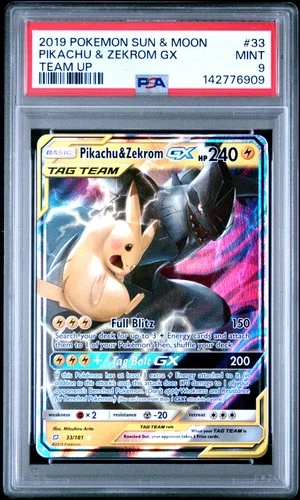 2019 POKEMON SUN & MOON TEAM UP #33 PIKACHU & ZEKROM GX PSA 9