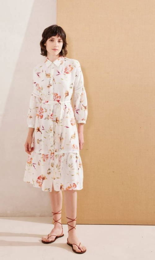 120 % Lino Peasant Sleeve Linen Shirt Dress Floral Midi Lace Pom Pom White  S M | eBay
