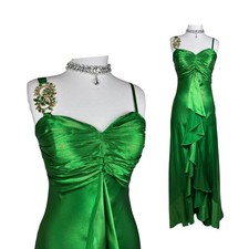 Vintage Emerald Green Satin Gown: Y2K Ruched Maxi Dress with Rhinestone Strap