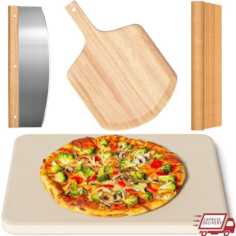 Premium Pizza Stone Set W/ Oak Paddle Cutter Parchment Paper Oven Grill New