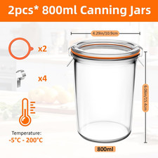 0.8 Liter Canning Jars 2 Set Replace Weck Canning 743 Replace Weck 3/4 Liter Pcs