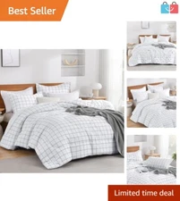 Soft Microfiber White Plaid Comforter Set - Full Size 3-Piece for All Seasons