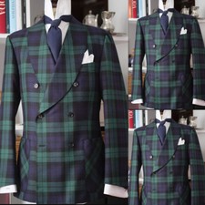 Green Plaid Men Suits Vintage 2Pcs Business Party Double Breasted Blazer Tuxedos