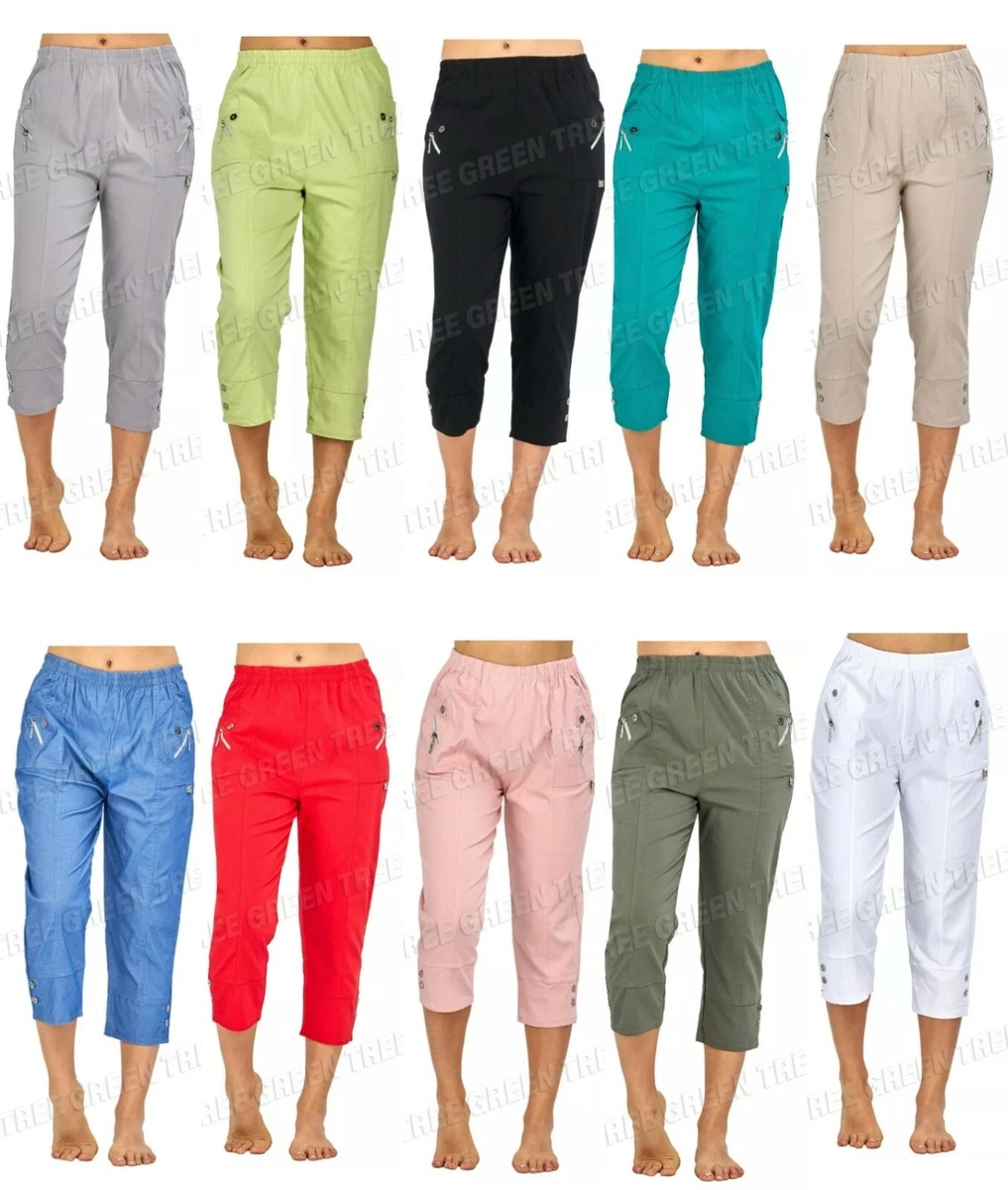 Ladies Women Cropped Trousers Stretchy Summer Cotton Capri Plus