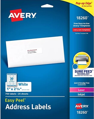Avery White Easy Peel Address Labels Inkjet 750 Blank Mailing Labels 1'' X 2 5/8''