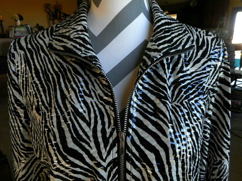 Shiney Zebra Print Zipper Jacket Laura Ashley Medium Stretchy Flashy Womens - Picture 3 of 12
