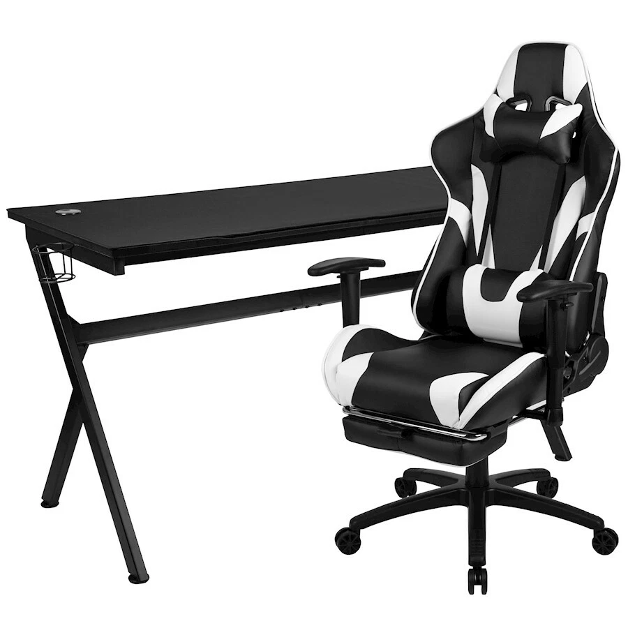 Flash Gaming Desk and Black Footrest Reclining Gaming Chair Set