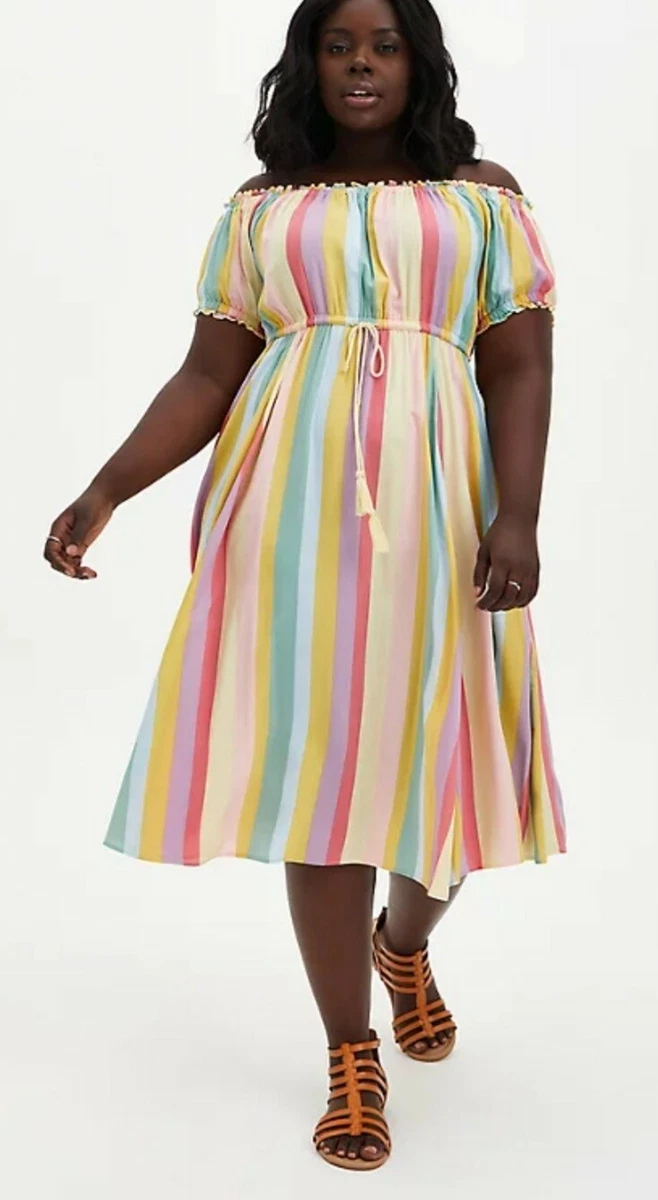 NWT Torrid Plus Size 0 Large MULTI STRIPE CHALLIS OFF SHOULDER MIDI SKATER  DRESS