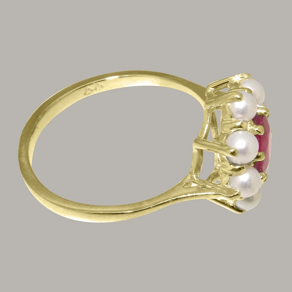 9k Yellow Gold Natural Ruby & Cultured Pearl Womens Cluster Ring - Sizes 4 to 12 - Image 3 of 4