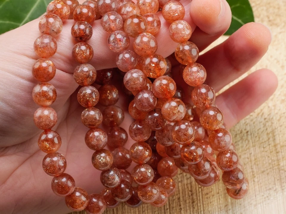 Natural Orange Sunstone Crystal Bracelet Gold Sheen Gemstone Stretch Bracelet - Image 2 of 3